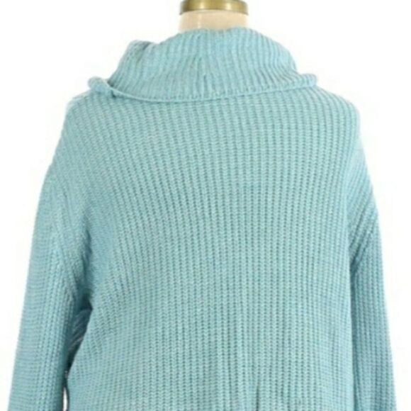 Lane Bryant Cable Knit Draped Cowl Cuffed Bell Sleeve Turquoise Sweater Sz 18/20 - Picture 8 of 13
